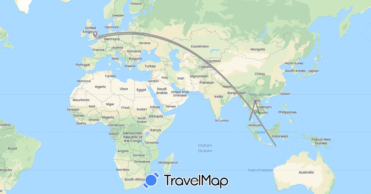 TravelMap itinerary: bus, plane, train, boat in United Kingdom, Indonesia, Cambodia, Laos, Thailand (Asia, Europe)